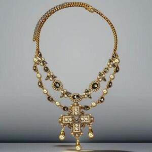 Antique Gold Maltese Cross Drippy Drapey Pearl Crystal Statement Necklace